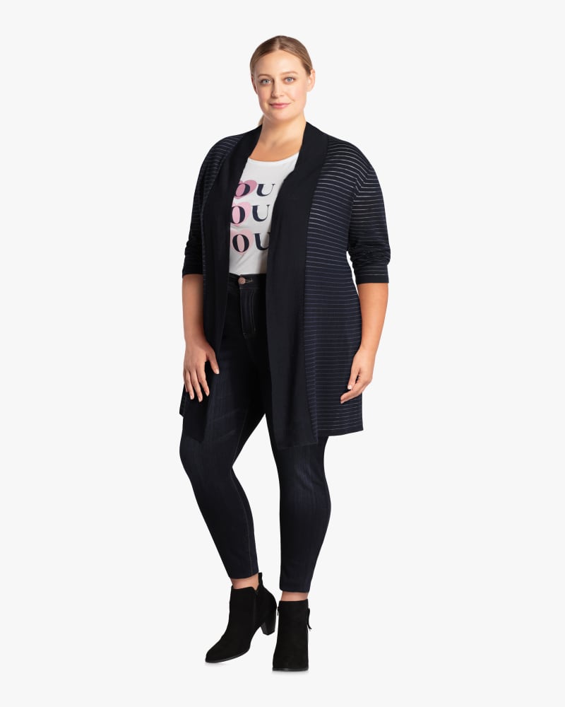 Plus size model with hourglass body shape wearing Leslie Three-Quarter-Sleeve Cardigan by Ryan Wythe | Dia&Co | dia_product_style_image_id:115237